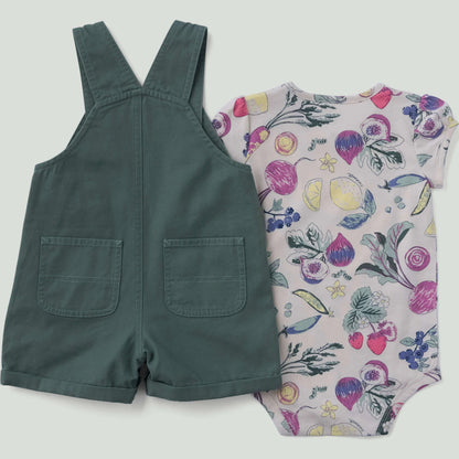 Girls' 2-Piece Short Sleeve Veggie Print Bodysuit & Canvas Shortall Set (Baby)